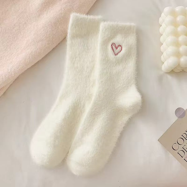 Cozy Fluffy Heart Socks – White