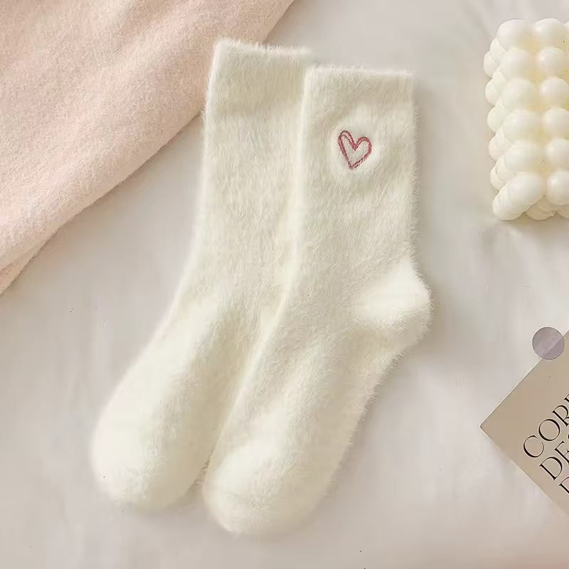 Cozy Fluffy Heart Socks – White