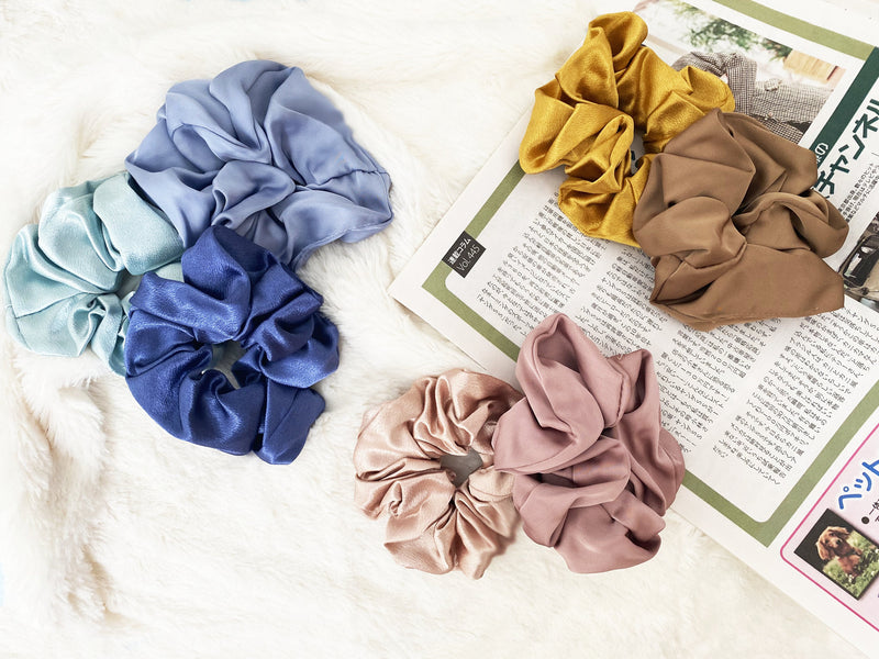 Solid Silk Satin / Dotted Chiffon Large Uplifting Hair Scrunchies with various colors for Women Girls