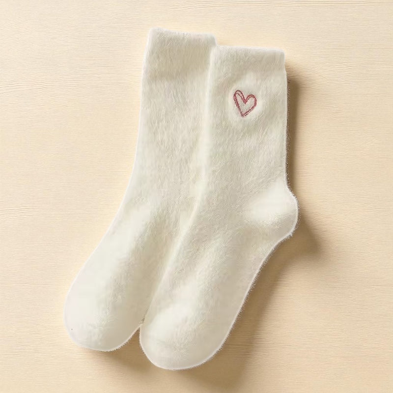 Cozy Fluffy Heart Socks – White